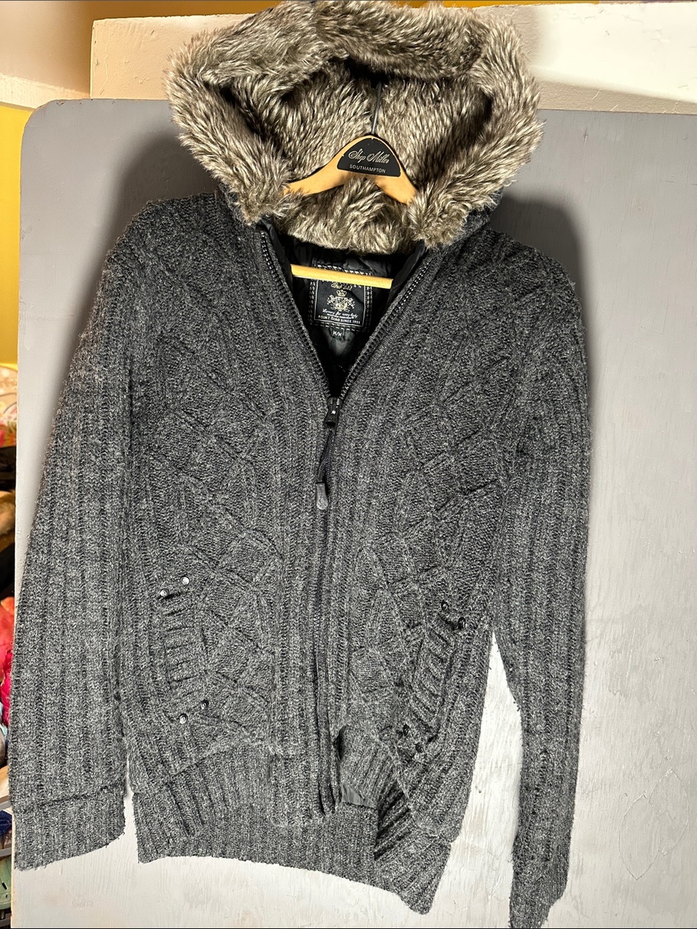 OshKosh B'gosh Dark Gray Zip-Up Knit Sweater with Faux Fur Hood